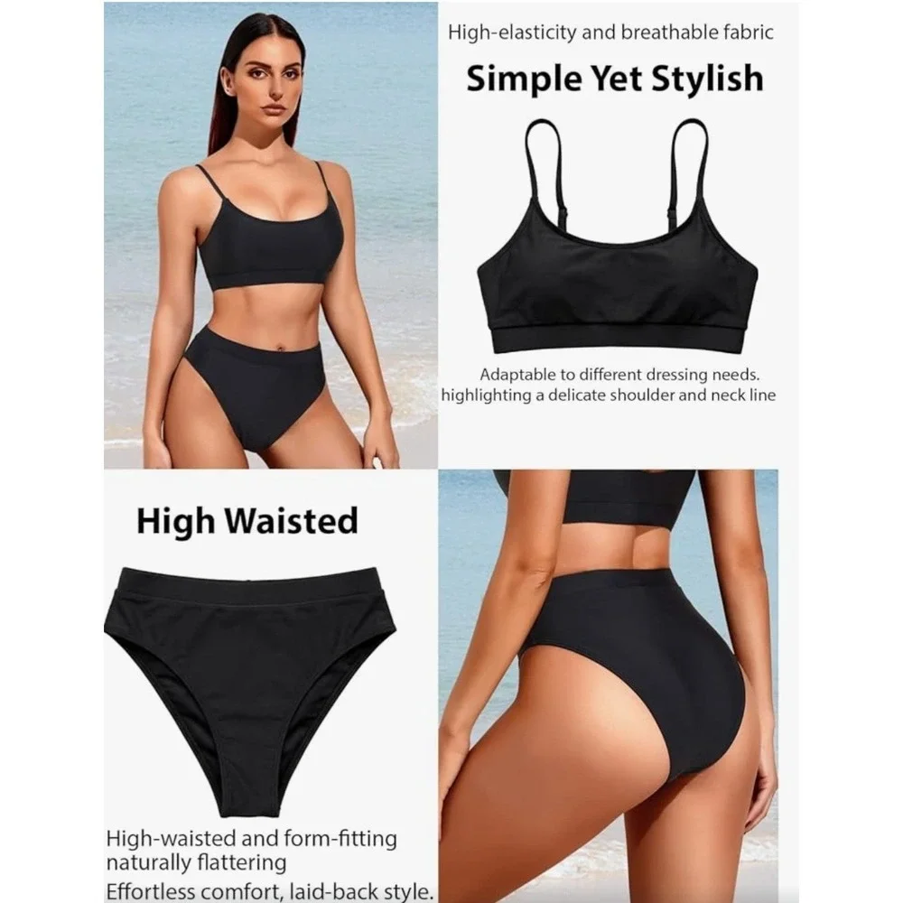 Tempt Me Women Black 2 Piece Swimsuit High Waisted Bikini Set Tummy Control, Med